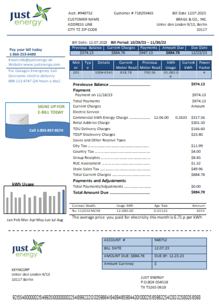 Download Just Energy utility business bill,  SCR Photoshop template